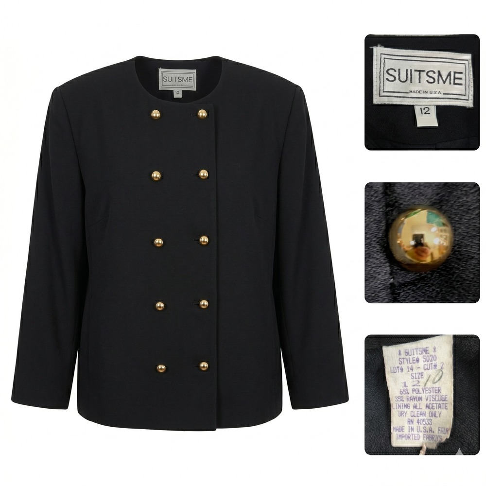 Vintage Suitsme Blazer‎ Jacket 12 Black Made in USA Gold Button 90s Goth Office